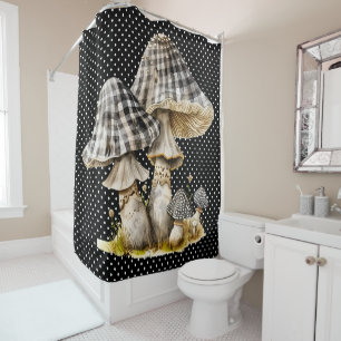 Watercolor Gingham Mushroom Garden Shower Curtain