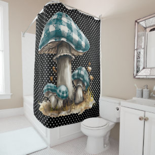 Watercolor Gingham Mushroom Garden  Shower Curtain