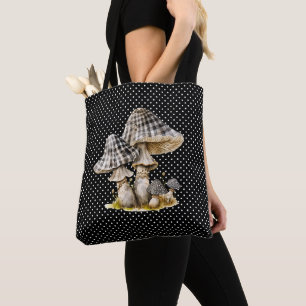 Watercolor Gingham Mushroom Garden Tote Bag