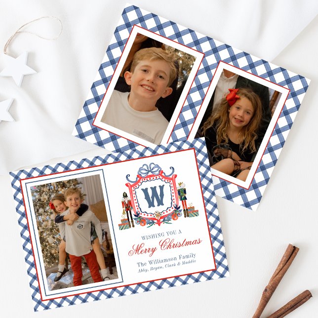 Watercolor Gingham Nutcracker Mouse Monogram Crest Holiday Card (Creator Uploaded)
