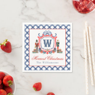 Watercolor Gingham Nutcracker Mouse Monogram Crest Napkin