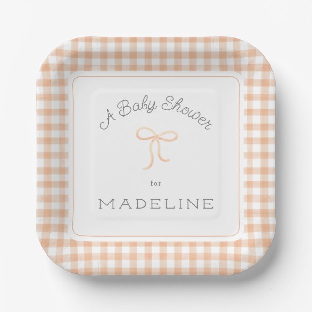Watercolor Gingham Peach Baby Shower Paper Plate (Front)