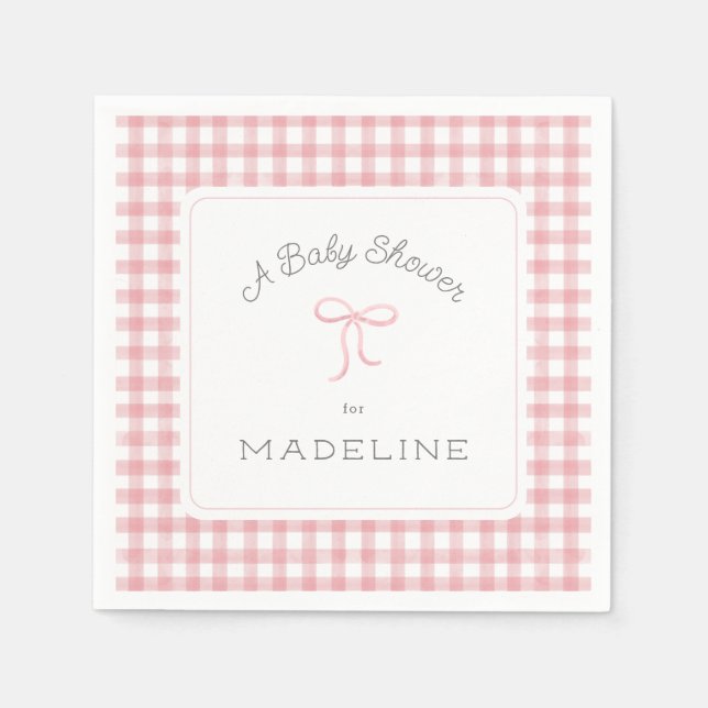 Watercolor Gingham Pink Baby Shower Napkin (Front)