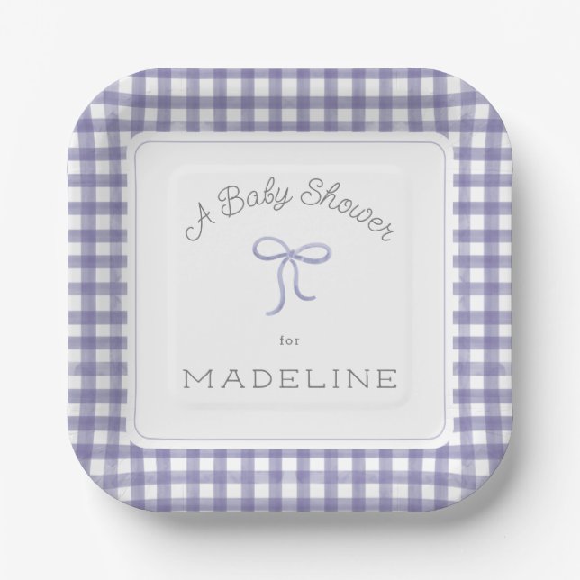 Watercolor Gingham Purple Baby Shower Paper Plate (Front)
