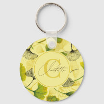 Watercolor Gingko Biloba Leaves Monogram Keychain