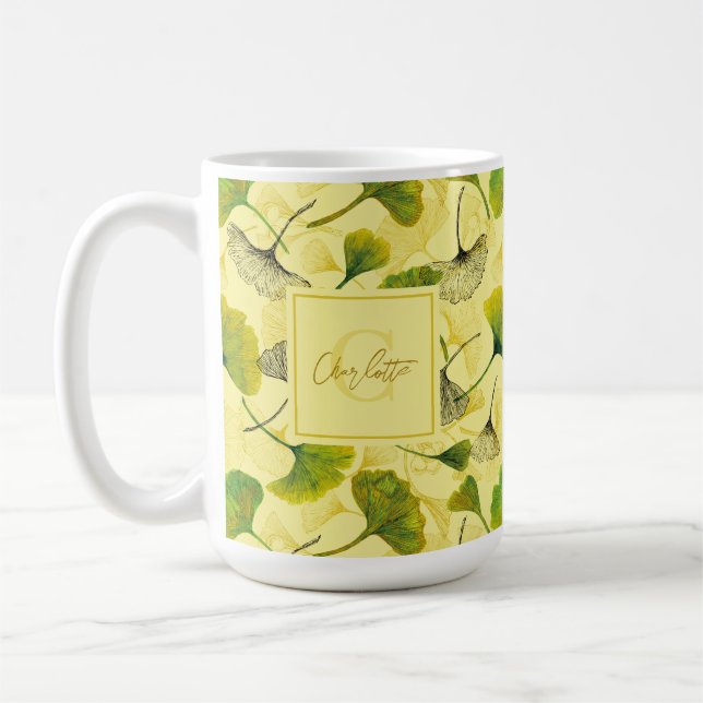 Watercolor Ginkgo Biloba Leaves Botanical Pattern Coffee Mug (Left)