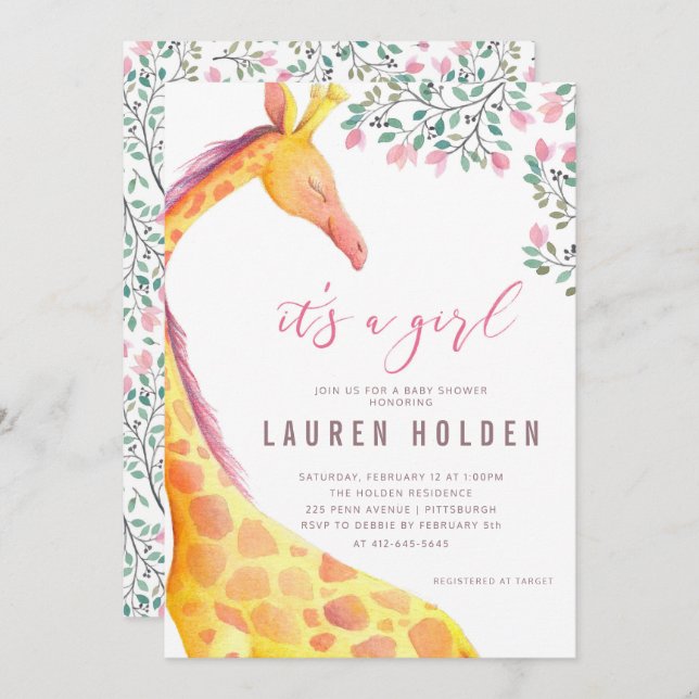 Watercolor Giraffe Baby Shower Invitation (Front/Back)