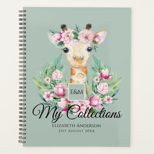 Watercolor GIRAFFE Boho Pink Flowers Girls Named Planner (Front)