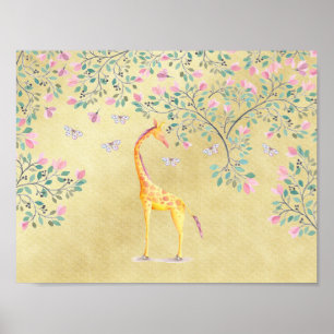 Watercolor Giraffe Butterflies and Blossom Poster