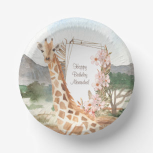 Watercolor Giraffe in African Savannah Birthday Paper Plate