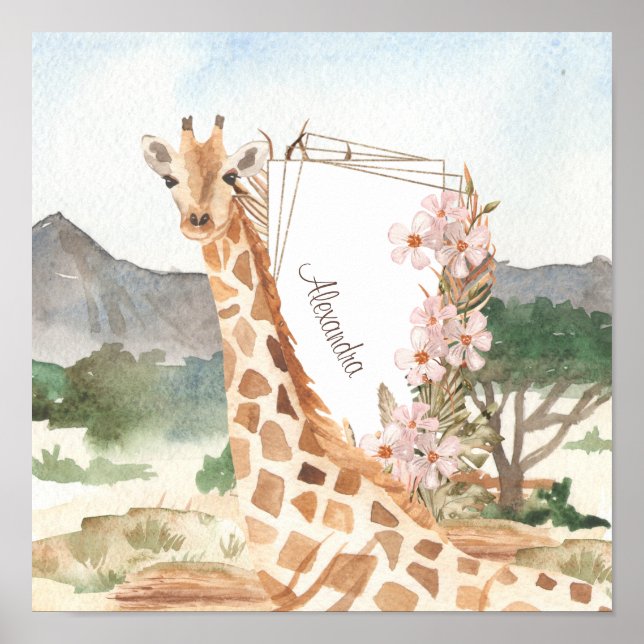 Watercolor Giraffe in African Savannah Kids Poster (Front)