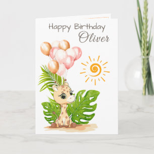 Watercolor Giraffe Kids Birthday Card with Name
