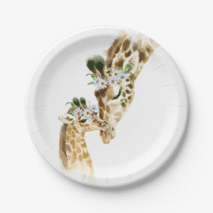 Watercolor, Giraffe, Mama and Baby, baby shower, n Paper Plate