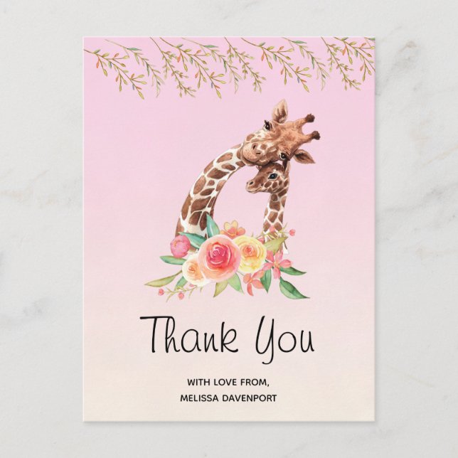 Watercolor Giraffe Mum & Baby Thank You Postcard (Front)