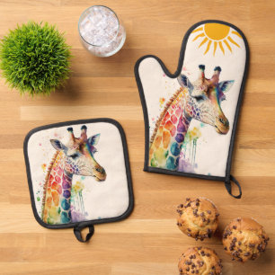 Watercolor Giraffe Oven Mitt & Pot Holder Set