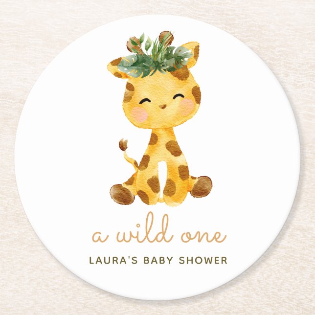 Watercolor Giraffe Safari Baby Shower Round Paper Coaster (Front)