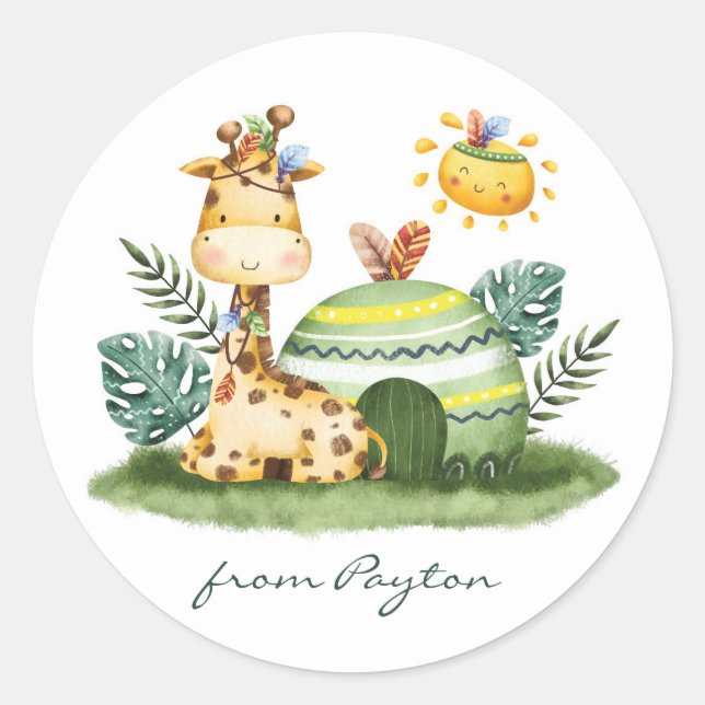 Watercolor Giraffe Tribal Safari Birthday Classic Round Sticker (Front)