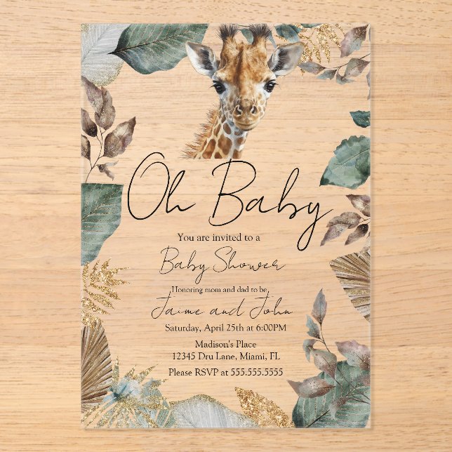 Watercolor Giraffe Wild Baby Shower Acrylic Invitations (Front)