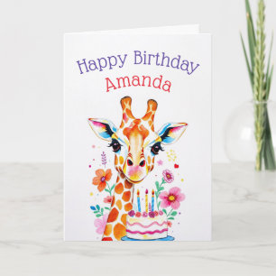 Watercolor Giraffe with Flowers and Cake Birthday Card