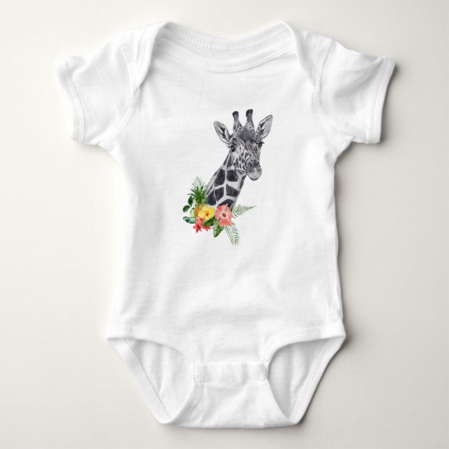 Watercolor Giraffe with Tropical Bouquet Baby Bodysuit (Front)