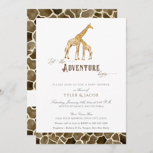 Watercolor Giraffes Safari Adventure Baby Shower Invitation (Front/Back)