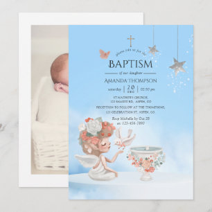 Watercolor Girl Angel Baptism Photo Invitation