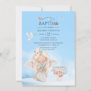 Watercolor Girl Angel Baptism Photo Invitation