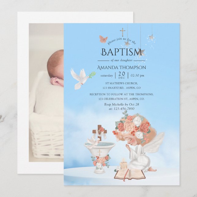 Watercolor Girl Angel Baptism Photo Invitation (Front/Back)