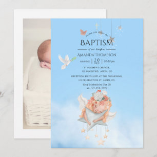 Watercolor Girl Angel Baptism Photo Invitation