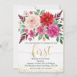 Watercolor Girl Birthday Floral Gold Glitter Invitation