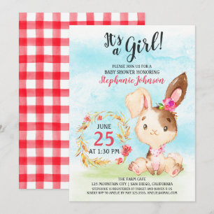 Watercolor Girl Bunny Baby Shower Farm Invitation