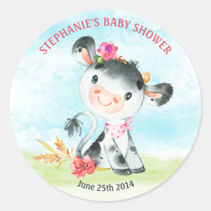 Watercolor Girl Cow Baby Shower Farm Classic Round Sticker