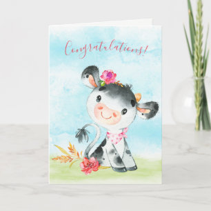 Watercolor Girl Cow Congratulations Card