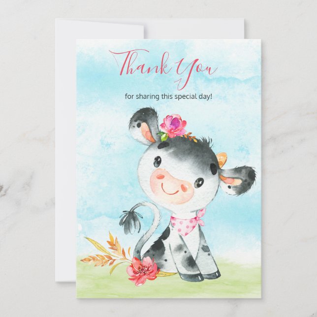 Watercolor Girl Cow Farm Thank You Card (Front)