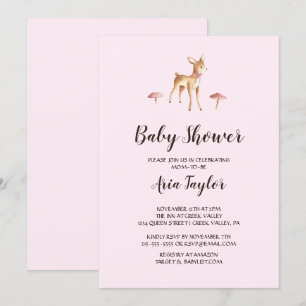 Watercolor Girl Deer with Mushrooms Baby Shower Invitation