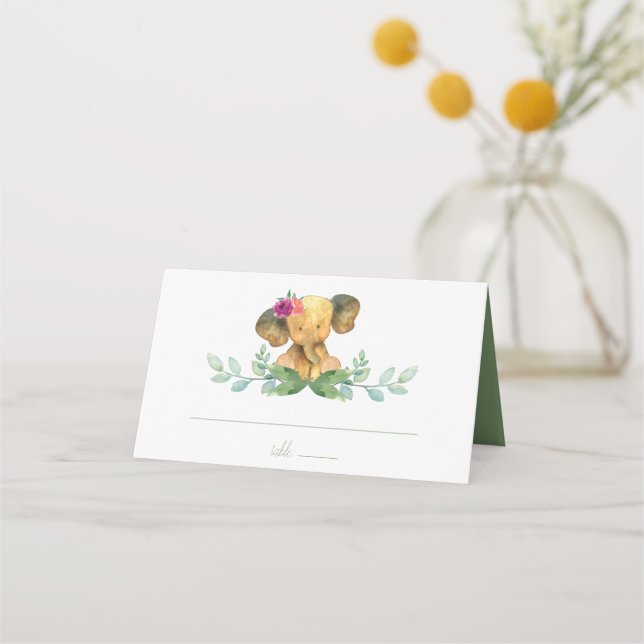 Watercolor Girl Elephant Place Card (Front)
