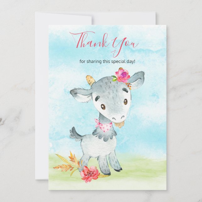 Watercolor Girl Goat Farm Thank You Card (Front)