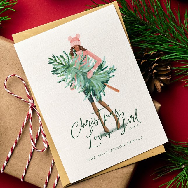 Watercolor Girl Holding Evergreen Christmas Tree Holiday Card (Watercolor Girl Holding Evergreen Christmas Tree Holiday Card)