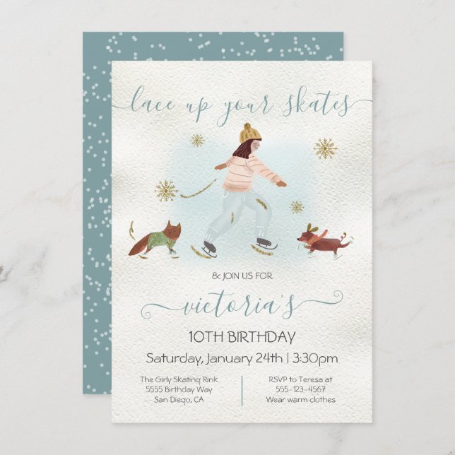 Watercolor Girl Ice Skating Snow Birthday Party Invitation (Front/Back)
