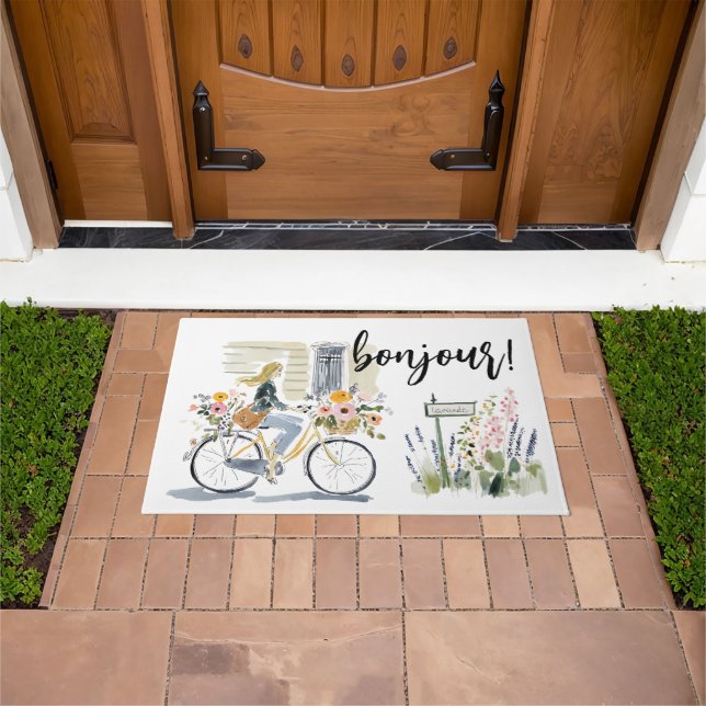Watercolor Girl in the Bicycle Bonjour! Doormat (Outdoor)