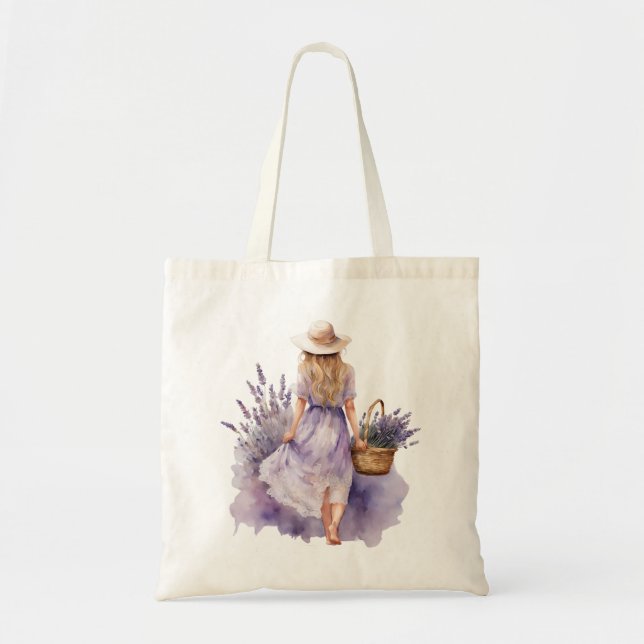 Watercolor Girl Lavender Field  Tote Bag (Front)