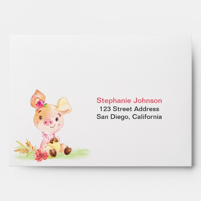 Watercolor Girl Piggy Baby Shower Farm Envelope (Front)