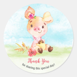 Watercolor Girl Piggy Baby Shower Farm Thank You Classic Round Sticker