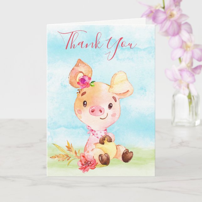 Watercolor Girl Piggy Farm Thank You Card (Orchid)