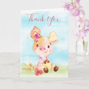 Watercolor Girl Piggy Farm Thank You Card