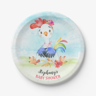 Watercolor Girl Rooster Baby Shower Farm Paper Plate