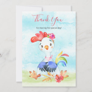 Watercolor Girl Rooster Farm Thank You Card