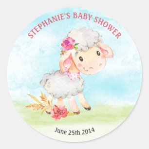 Watercolor Girl Sheep Baby Shower Farm Classic Round Sticker