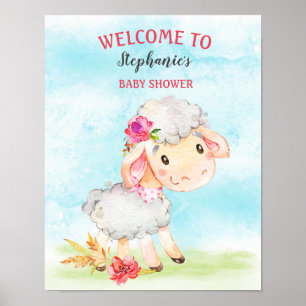 Watercolor Girl Sheep Baby Shower Farm Poster