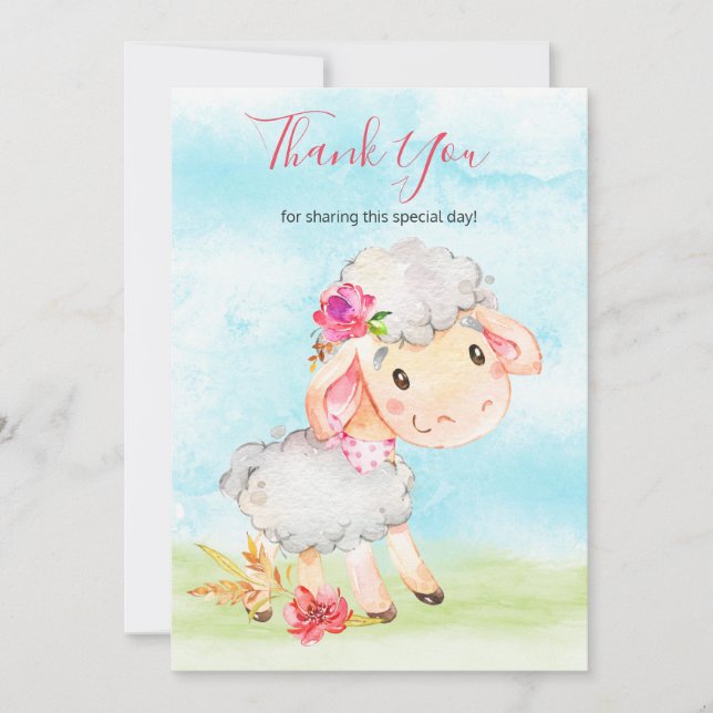 Watercolor Girl Sheep Farm Thank You Card (Front)
